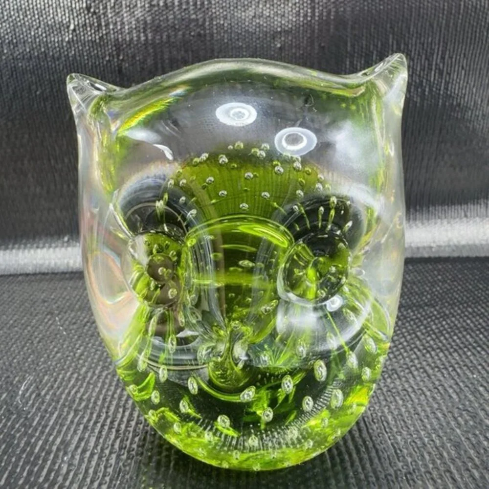 Hand Blown Venetian Art Glass‎ Owl Bird Paperweight Figurine Green Bubbles Italy